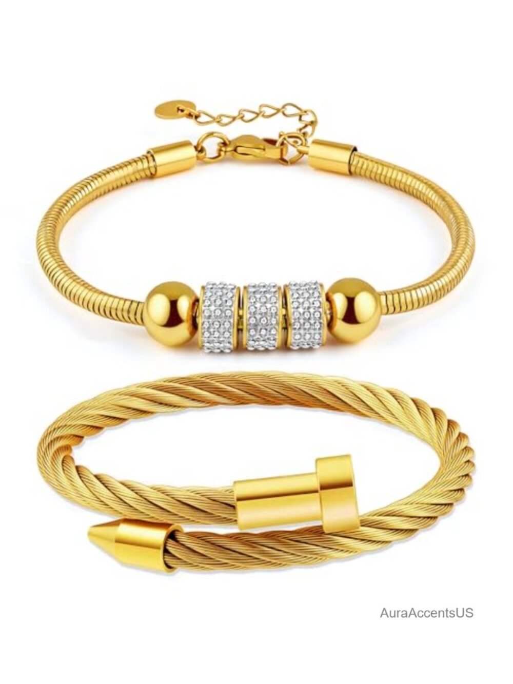 2PC 18K Gold Plated Adjustable Bangle & Chain Bracelet Set Women Stackable